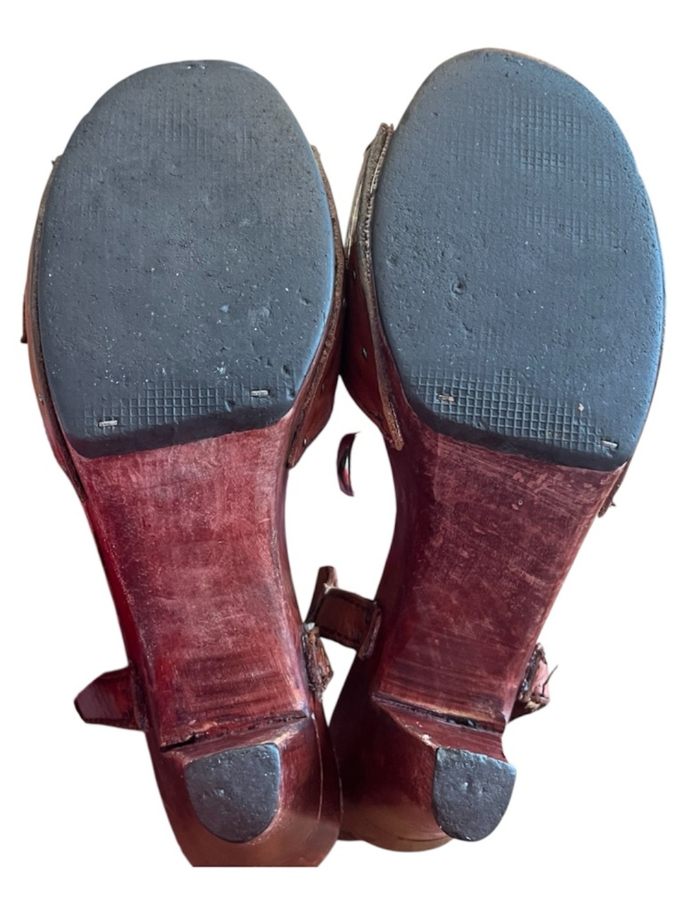 True Vintage 70’s Imperial Leather Brown Strappy Platform wood Sandals size 7 - Picture 4 of 9